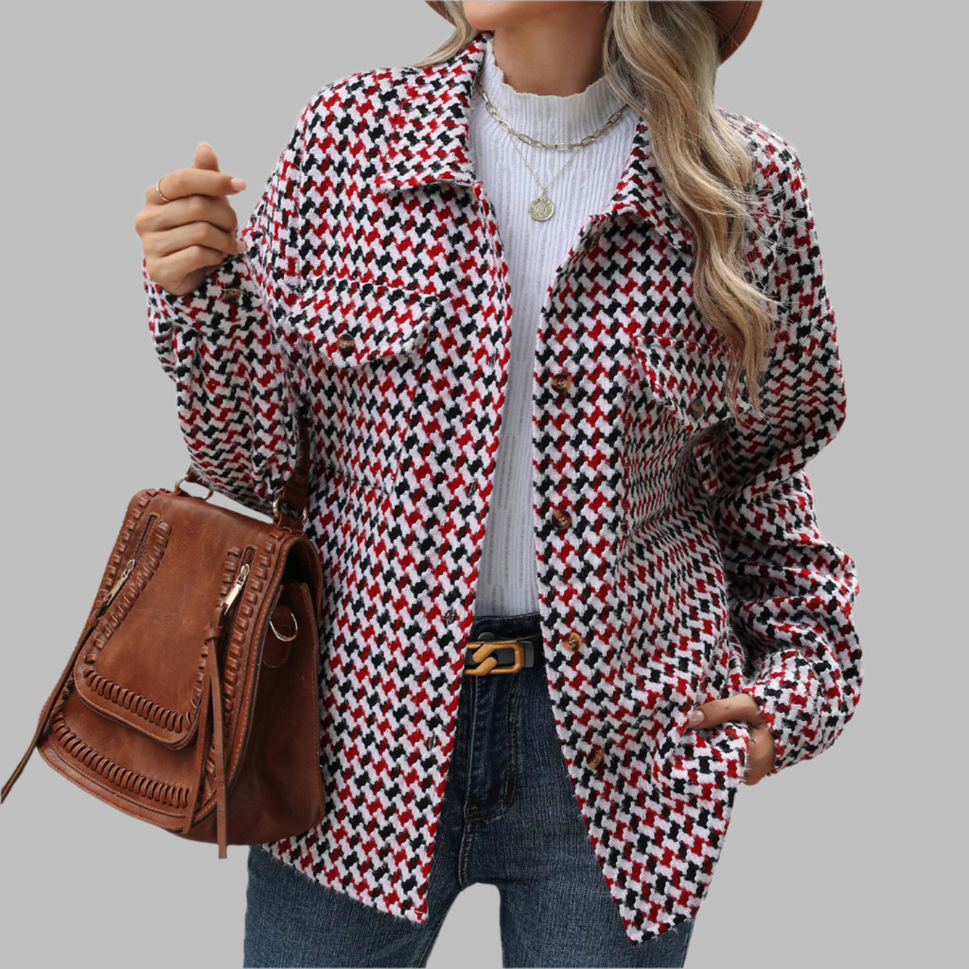 Fashion Houndstooth Lapel Tweed Coat Casual Loose Long Sleeve Jacket With Pocket Outwear Tops For Womens Clothing