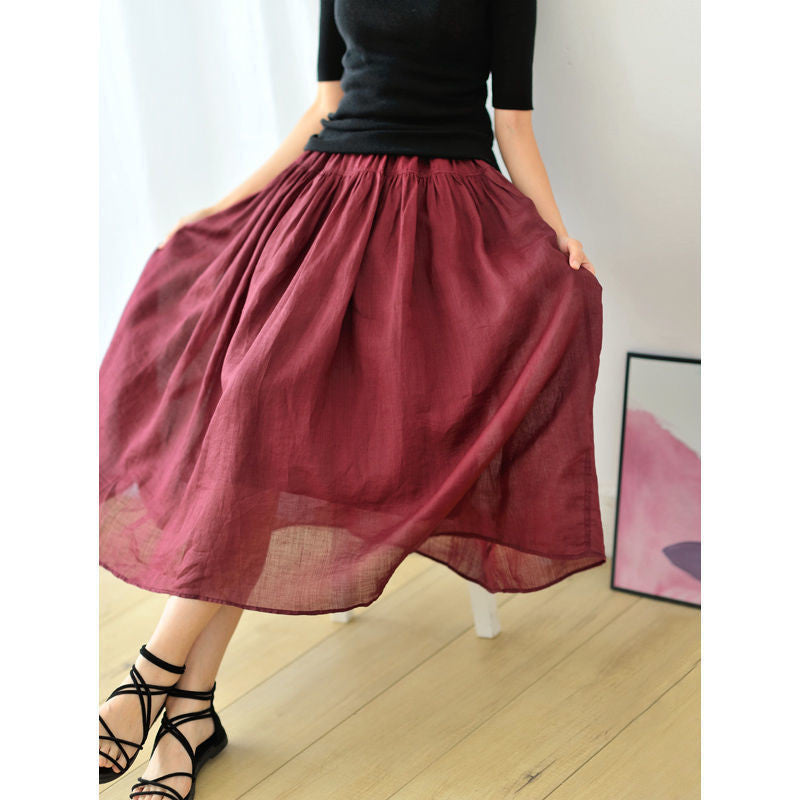 Pure Color Elastic Waist Cotton Ramie Body Pleated Long Skirt Summer Big Swing Skirt
