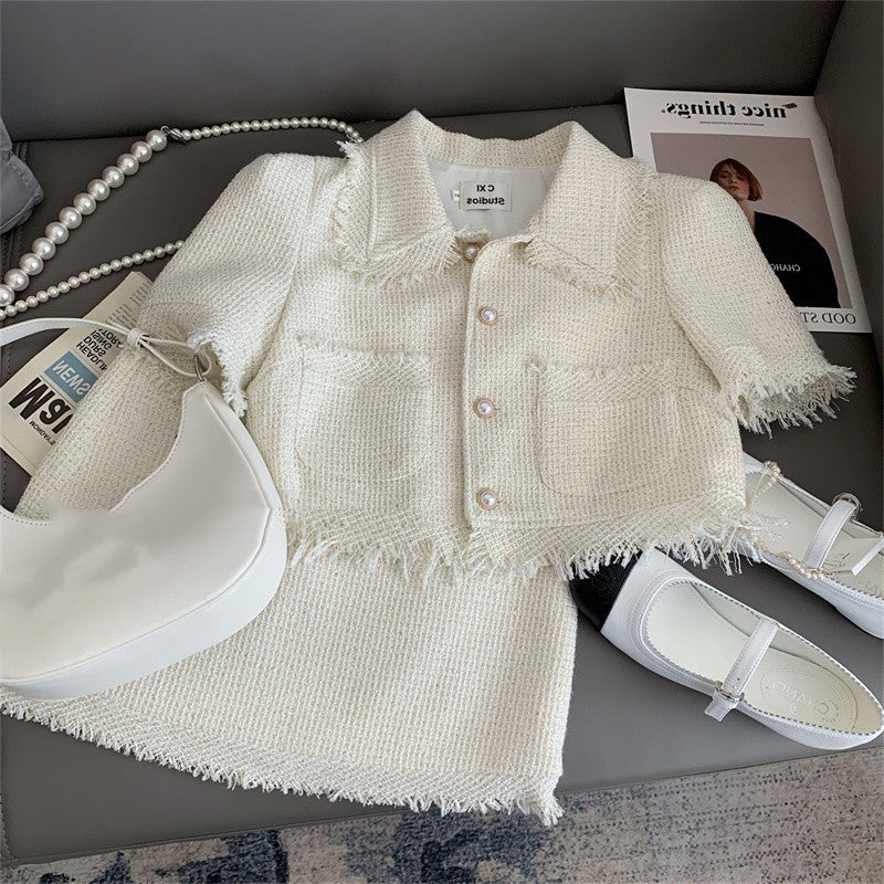 Temperament Tweed Short Jacket High Waist Pack Hip Skirt Two Piece Set