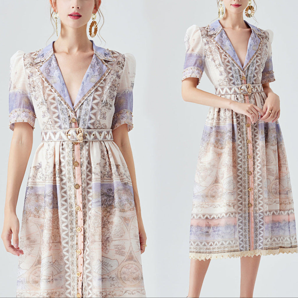 Australian Luxury High Version Stitching Lace Heavy Industry Beads Midi Dress