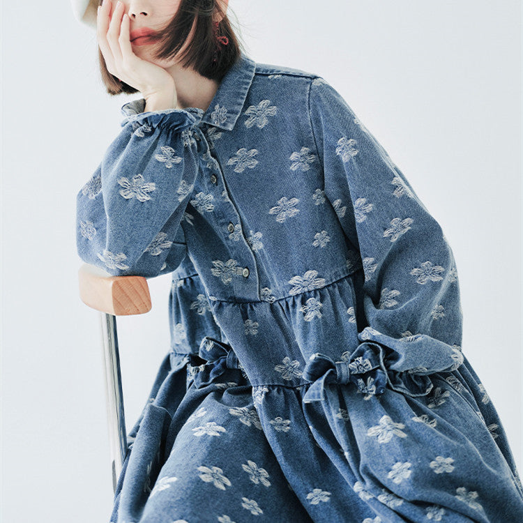 Early Autumn Jacquard Denim Dress Women's Medium Long Bow