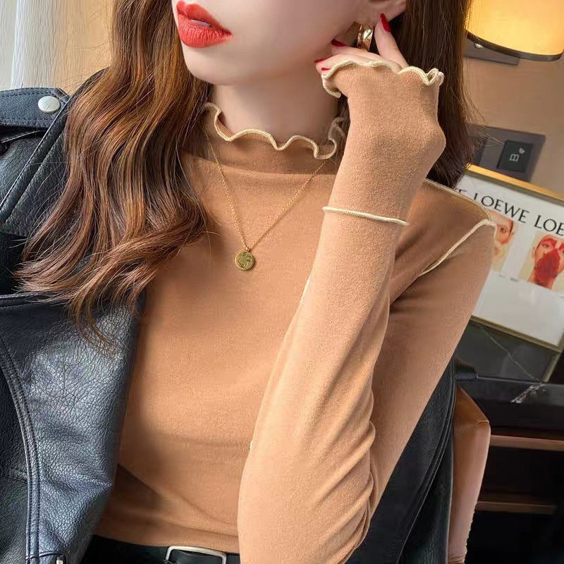 Half Turtleneck Wooden Ear Sweet Spicy Long-sleeved T-shirt Top For Women