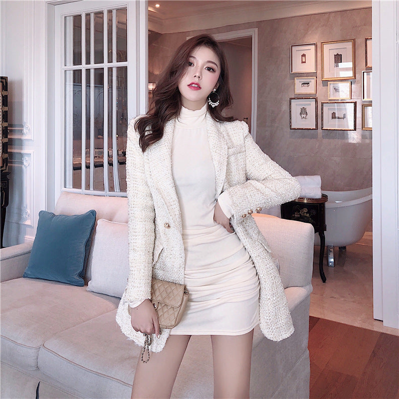 Double-breasted Tweed Suit Collar Jacket Slim Fashion Autumn And Winter Korean Style Top Trend