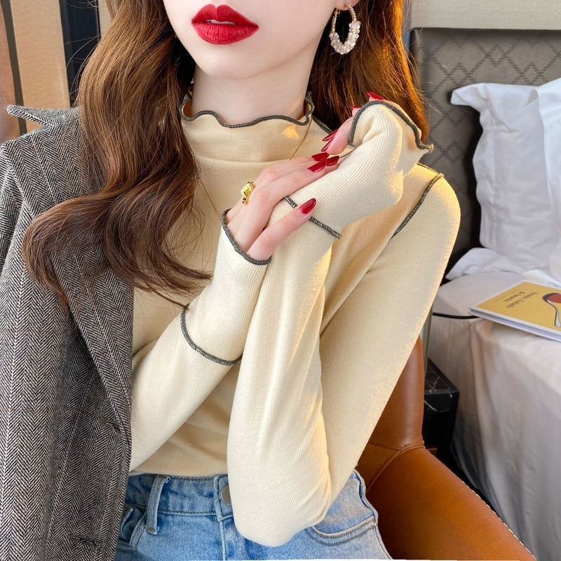 Half Turtleneck Wooden Ear Sweet Spicy Long-sleeved T-shirt Top For Women