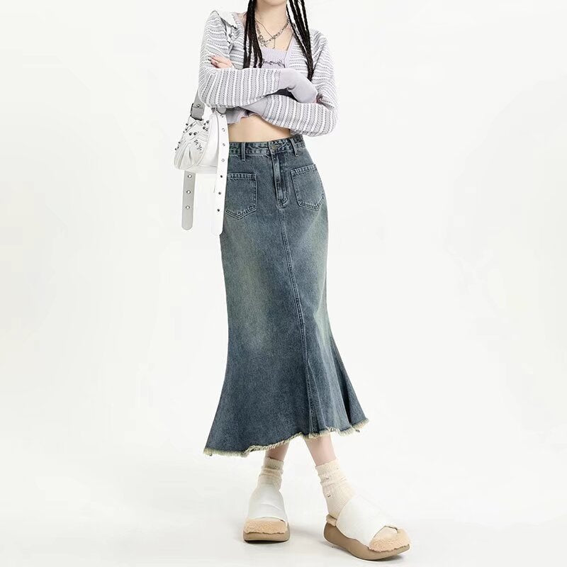 Women's Fashion Retro Raw Edge Denim Skirt