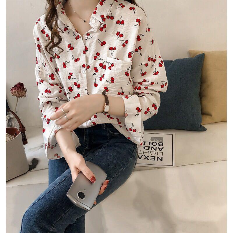 Women's Long-sleeved Shirt Loose Sweet Cherry Printed