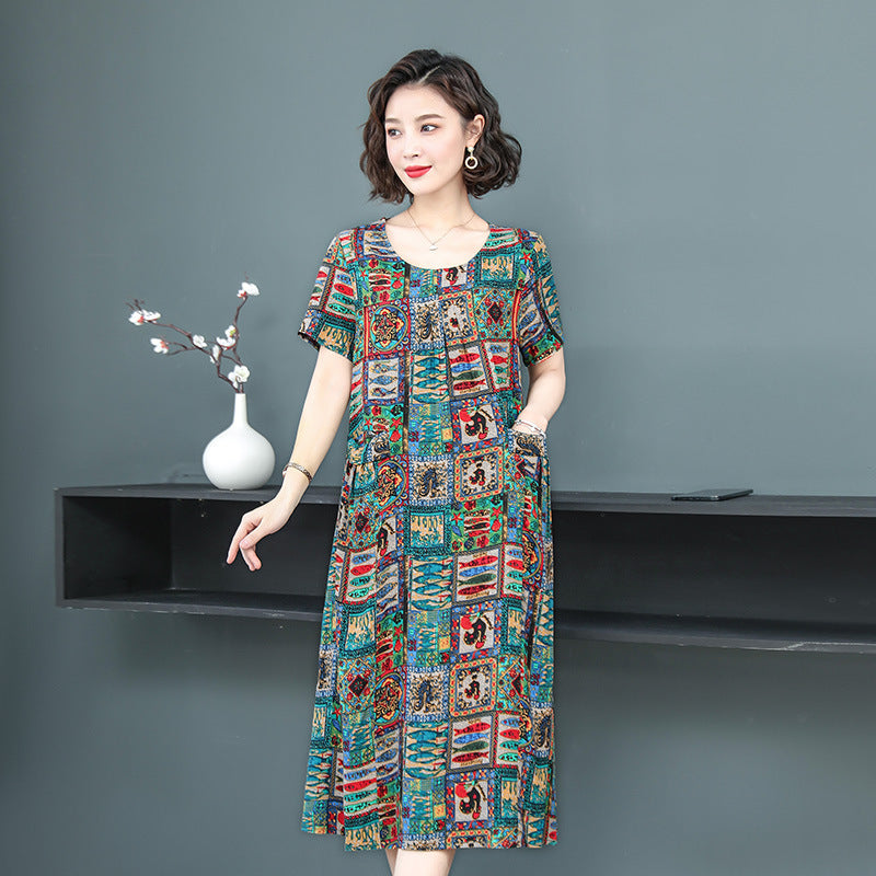 Middle-aged And Elderly Women's Cotton Silk Printing Maxi Dress