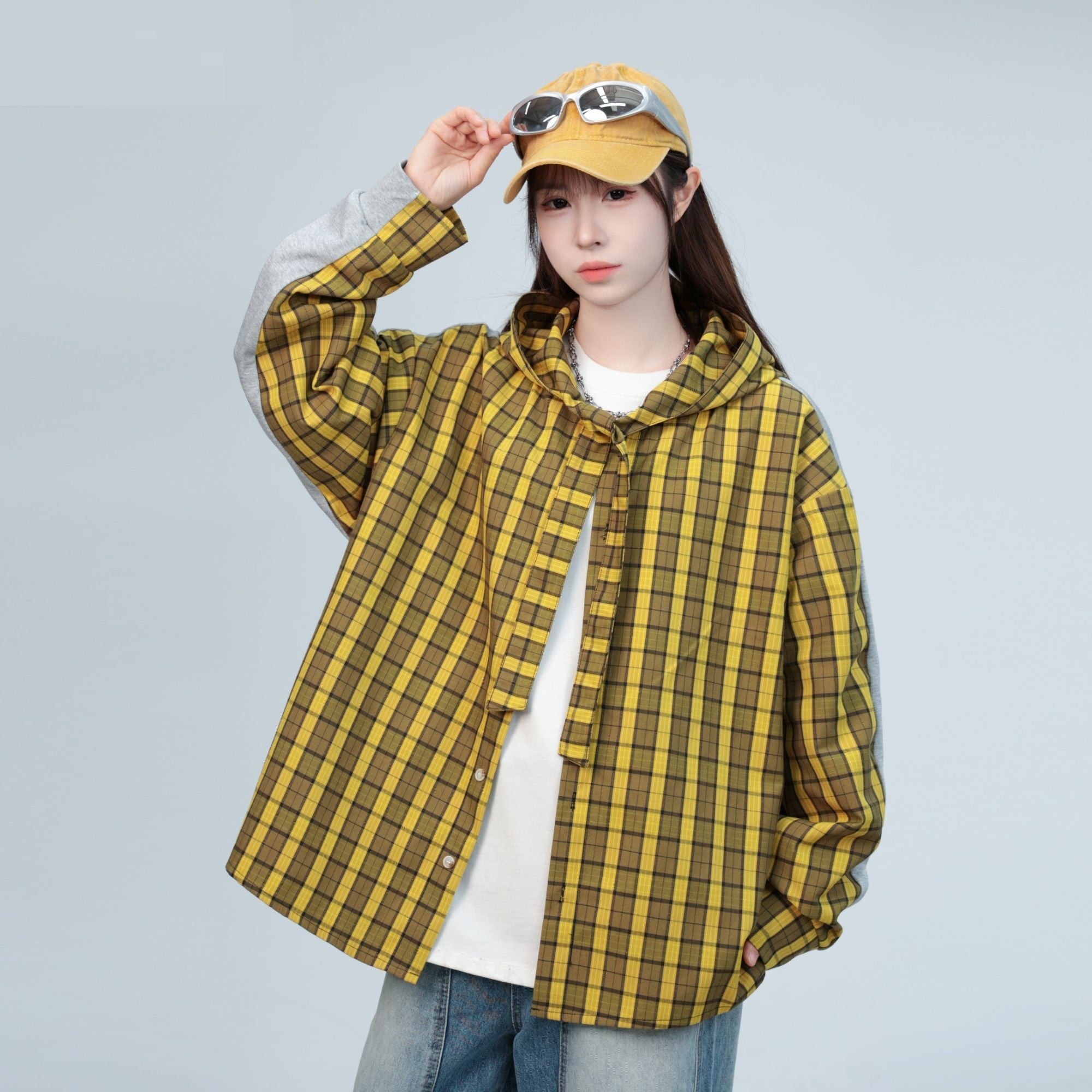 Plaid Stitching Gray Rayon Hooded Cape Shirt
