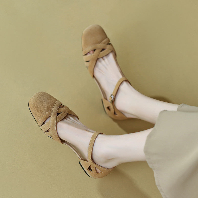 Classic Retro Sandals Women's Summer Round Toe Frosted Toe Box Soft Bottom Flat Shoes