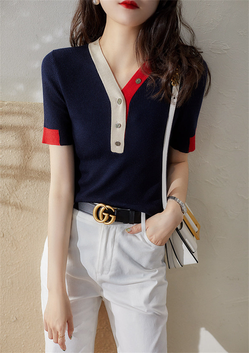 Solid Color And V-neck T-shirt Women's Ice Silk Sweater Sweater Loose Short Sleeve