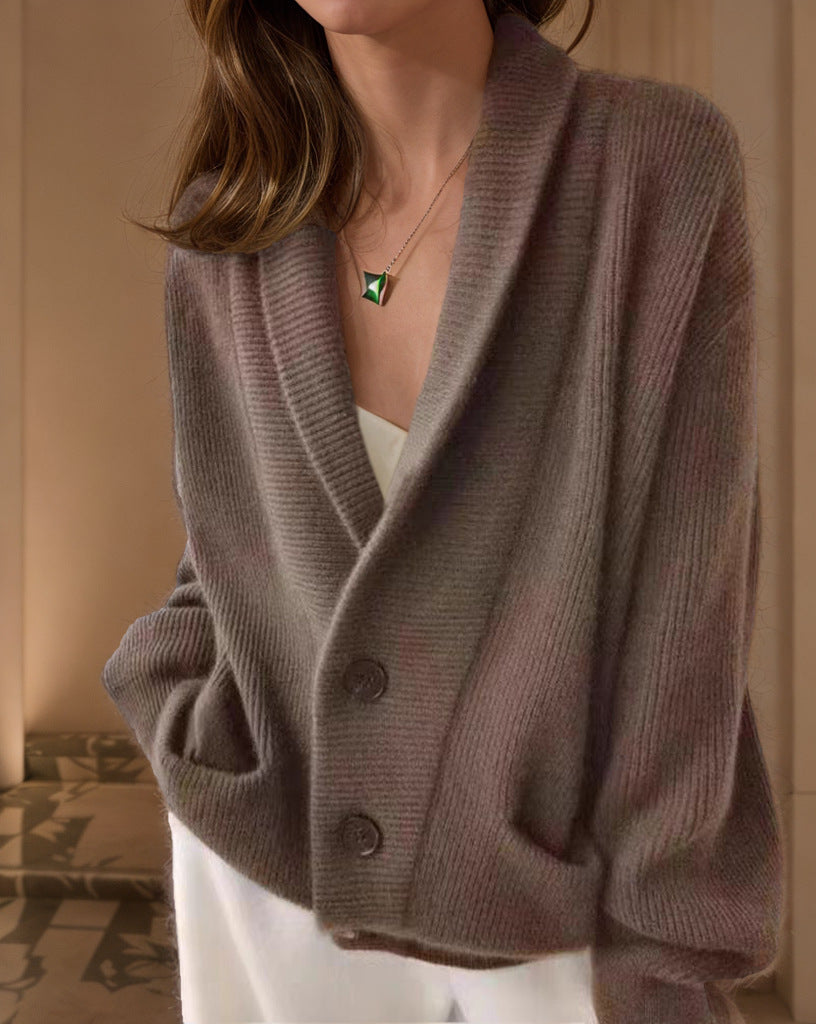 Retro Lapels Solid Color Long Sleeve Knitted Cardigan
