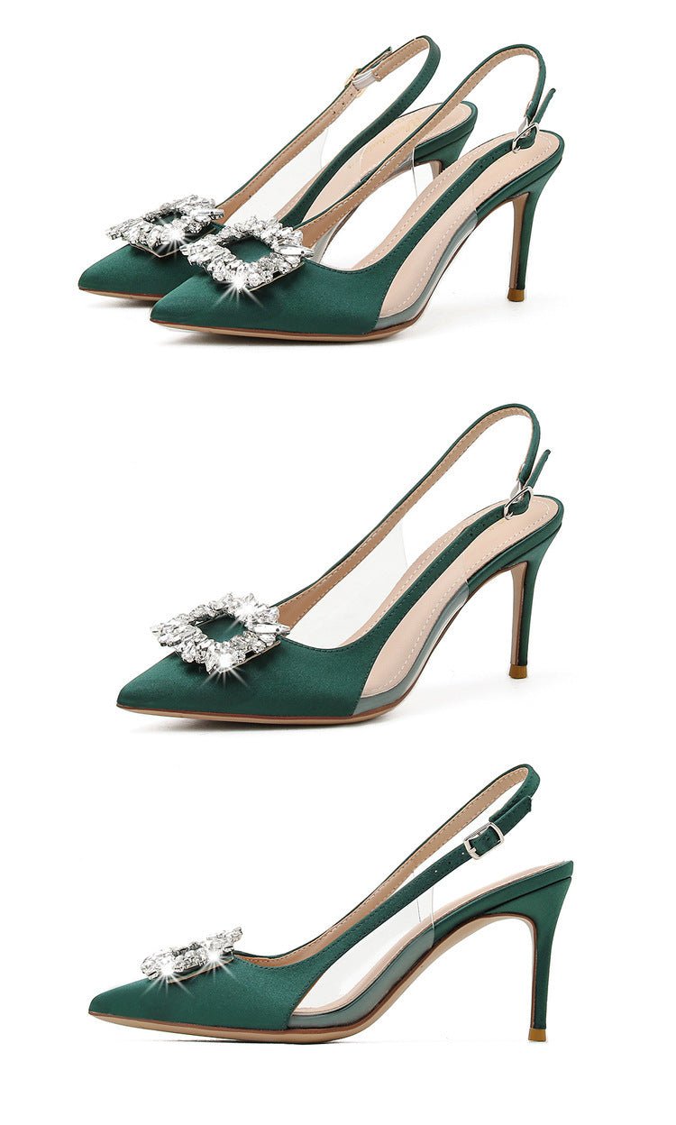 Stiletto Heel Satin Rhinestone Square Buckle Closed Toe Korean Style High Heels