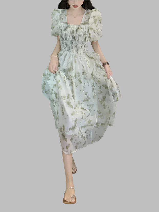 Square Neck Mid Length Pleated Waistband Skirt