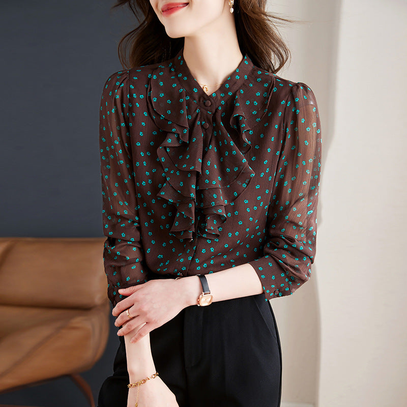 Lotus Leaf Lace Collar Long Sleeve Small Flower Chiffon Shirt
