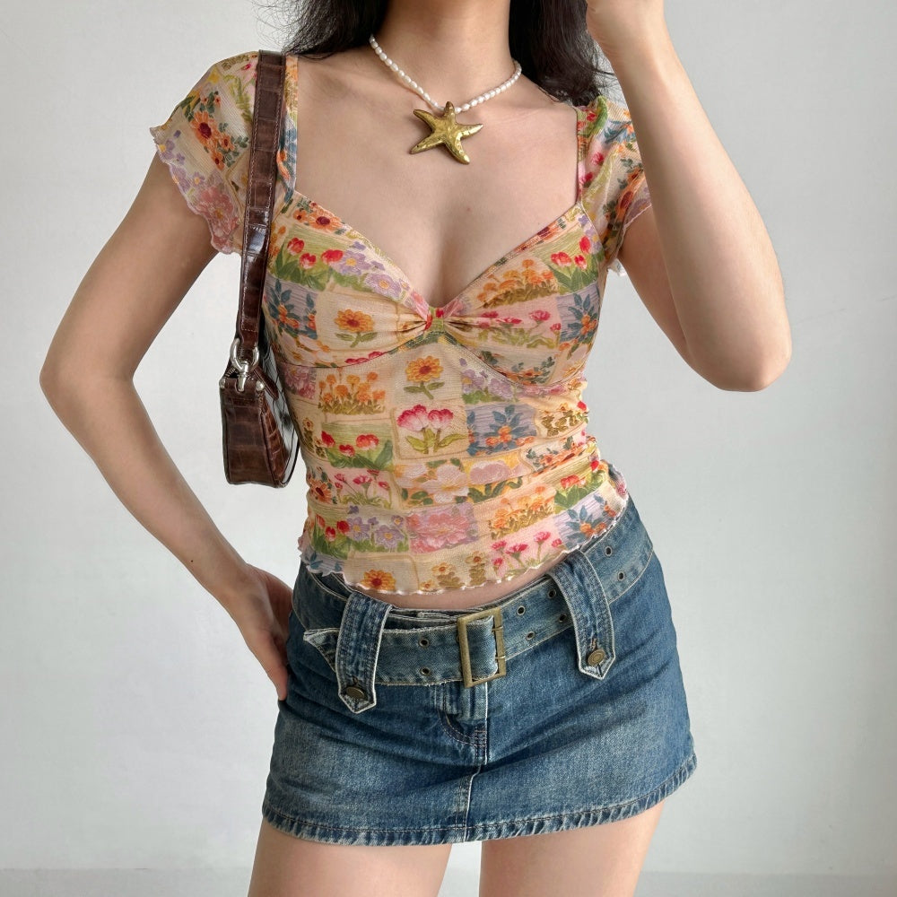 Oil Painting Flower Printed V-neck T-shirt Women's Mesh Short Sleeve Top