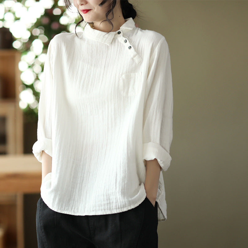 Vintage Oblique Placket Long-sleeved Double-layer Cotton Yarn Shirt Women's Artistic Pullover Top