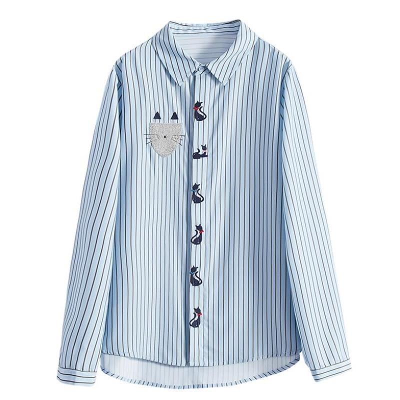 Striped Blue Shirt Women's Chiffon Long Sleeve Early Spring Top