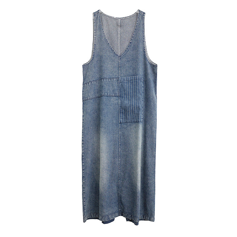 Women's Retro Literary Washed V-neck Denim Dress
