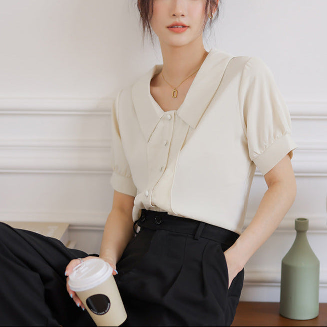 French Style White Short-sleeved Chiffon Shirt With Doll Collar Retro Lantern Sleeve