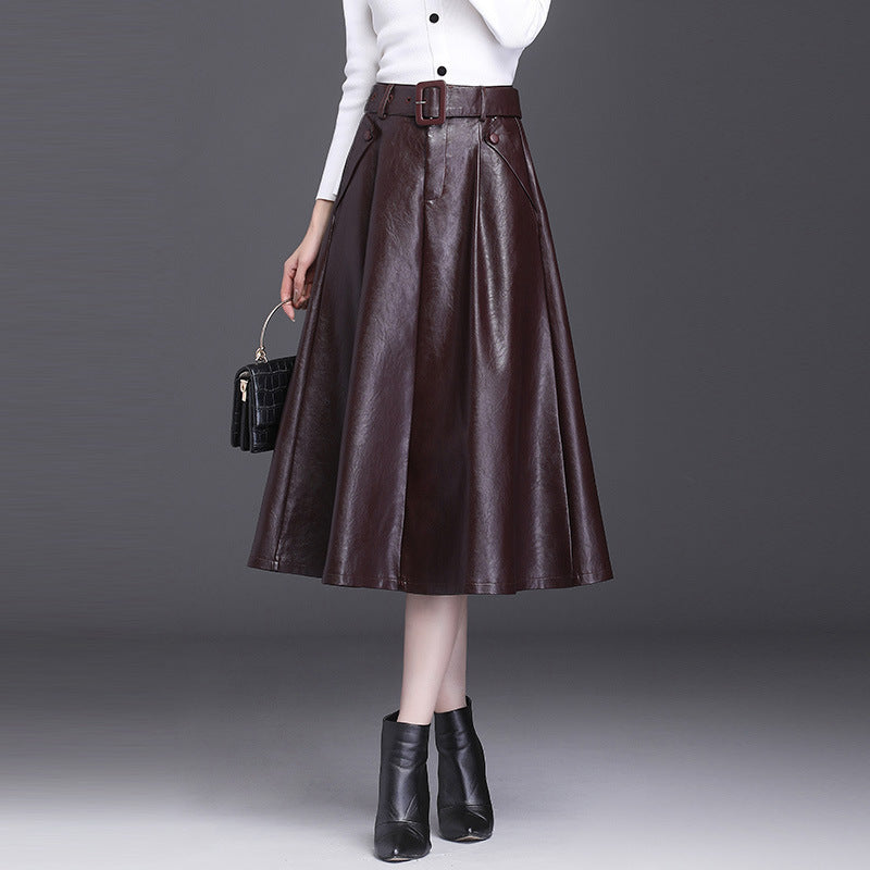 Autumn And Winter A Line PU High Waist Pleated Leather Leather Skirt