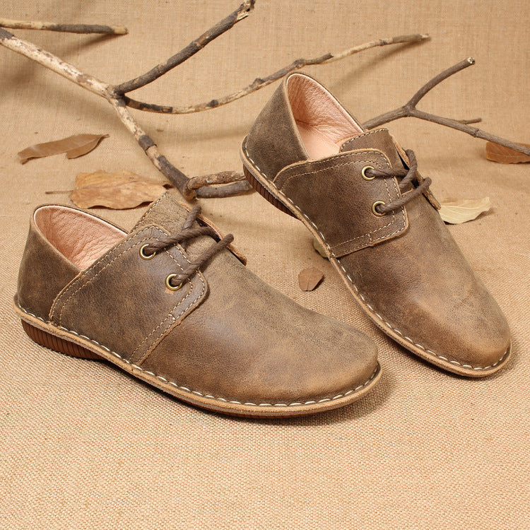 Lace-up Retro Autumn Style Hand-stitched First Layer Cowhide Women's Shoes