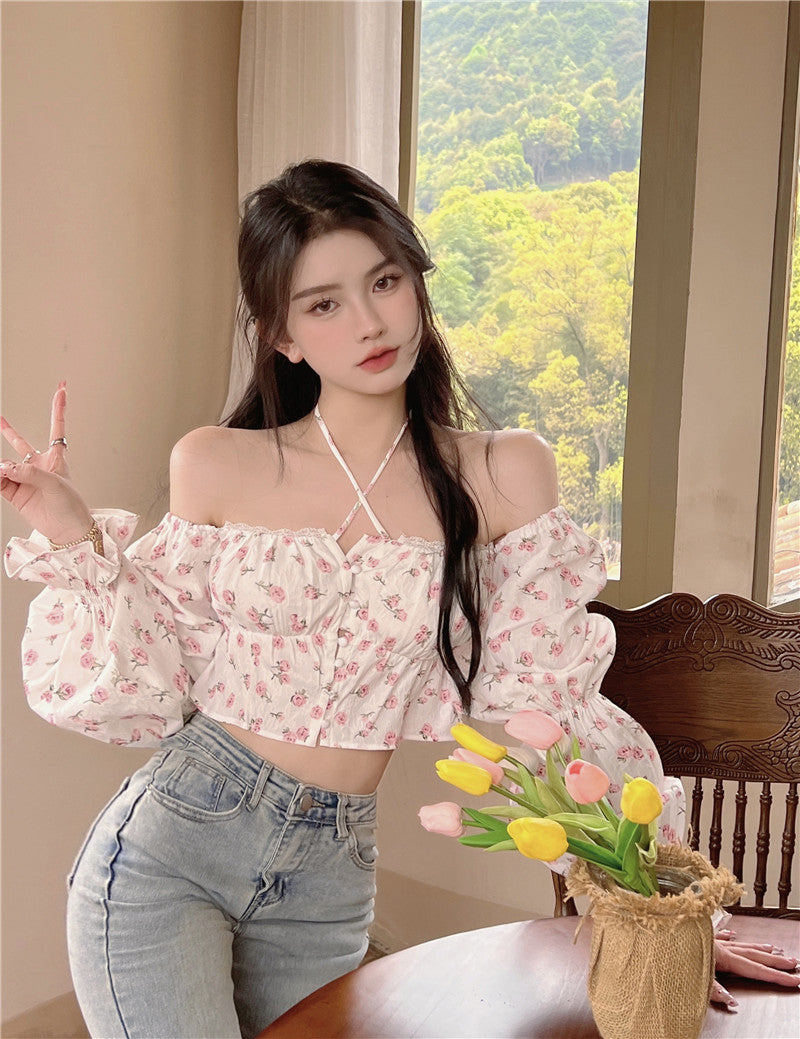 Women's Summer Short White Floral Square Collar Shirt