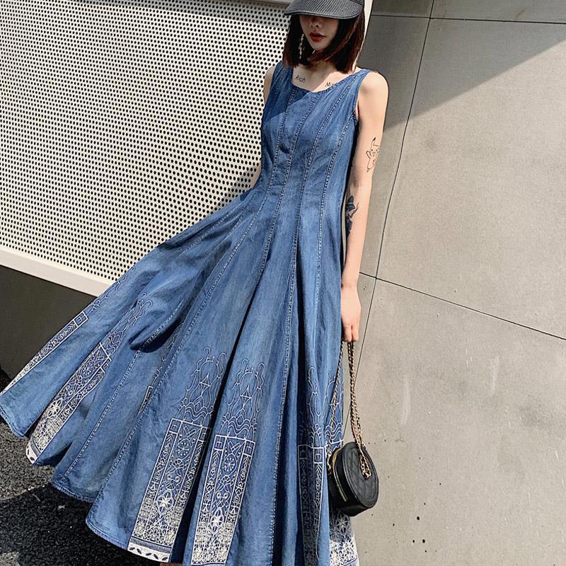 Summer Denim Dress Sleeveless Thin Embroidery