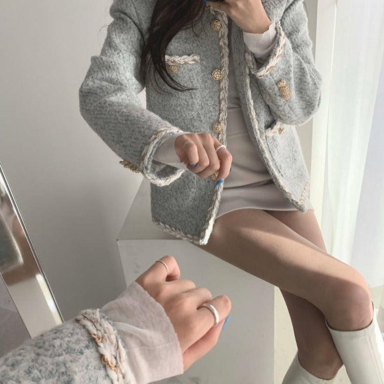 Multi-pocket Single-breasted Tweed Woolen Plus Cotton Padded Jacket