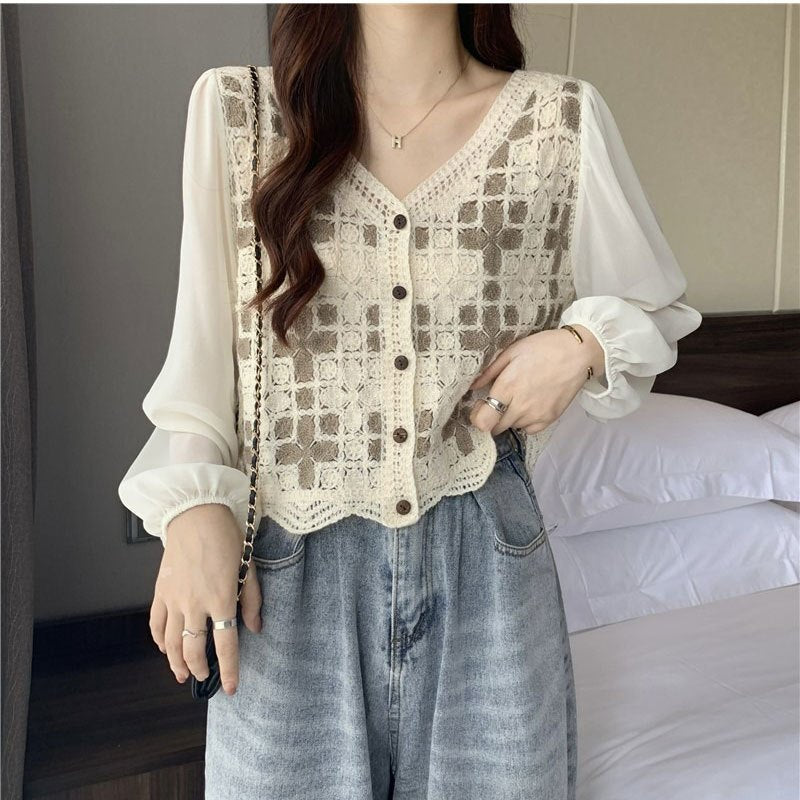 Hollow Lace Shirt Spring Fashion Long Sleeve Stitching