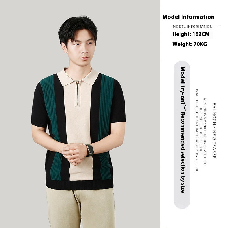 Men's Summer Contrast Color Striped Stitching Advanced Knitted T-shirt