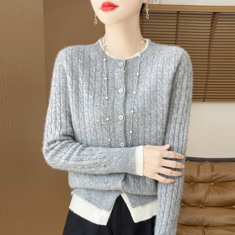 O-neck Short Small Twist Knitted False Two Pieces Color Matching Cardigan Jacket