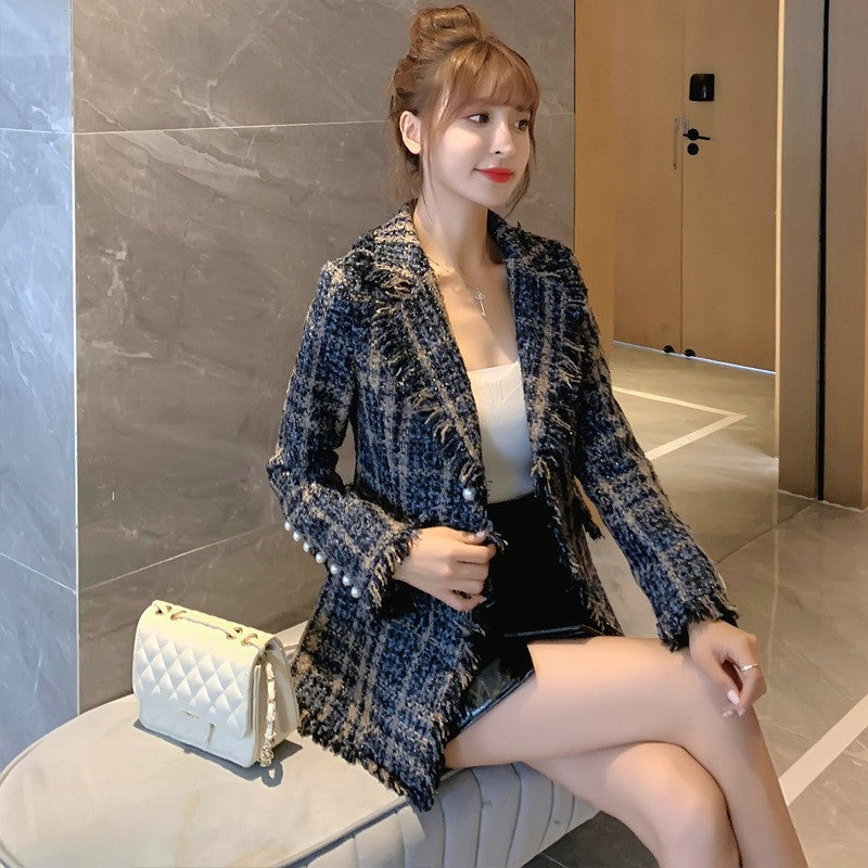 Fashion Slim Tweed Plaid Beaded Tassels Blazer
