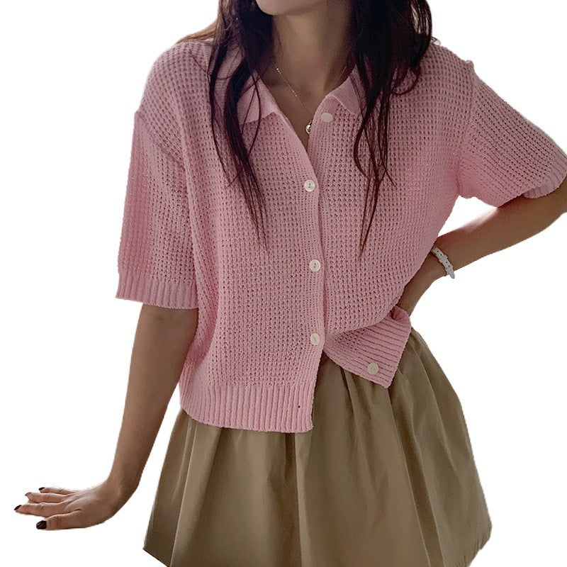 Draping Lapel Cardigan Sweater Solid Color Sweater With Short Sleeves