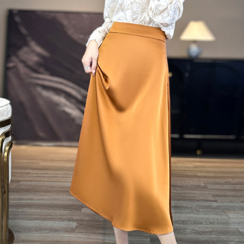 Water Ripple Skirt Silk Texture Mid-length High Waist Solid Color Skirt