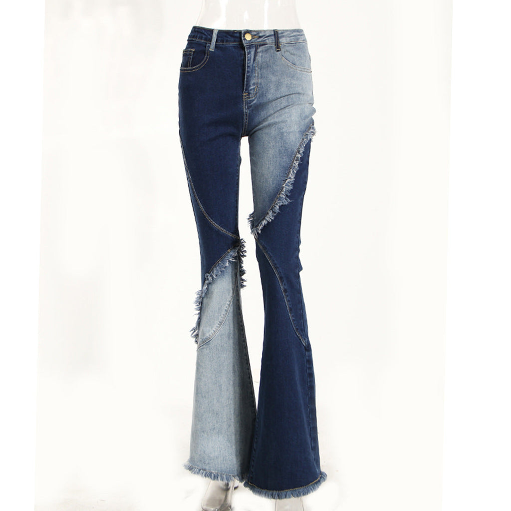 Geometric Raw Edge Jeans With High Waistline And Slimming Effect