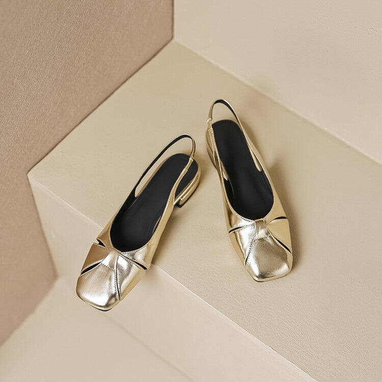 Authentic Leather Toe Box Women's Flat Shoes Back Strap Square Head