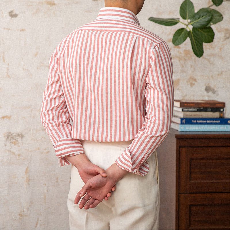 Linen Collar Slim Fit Business Casual Striped Long Sleeve Shirt
