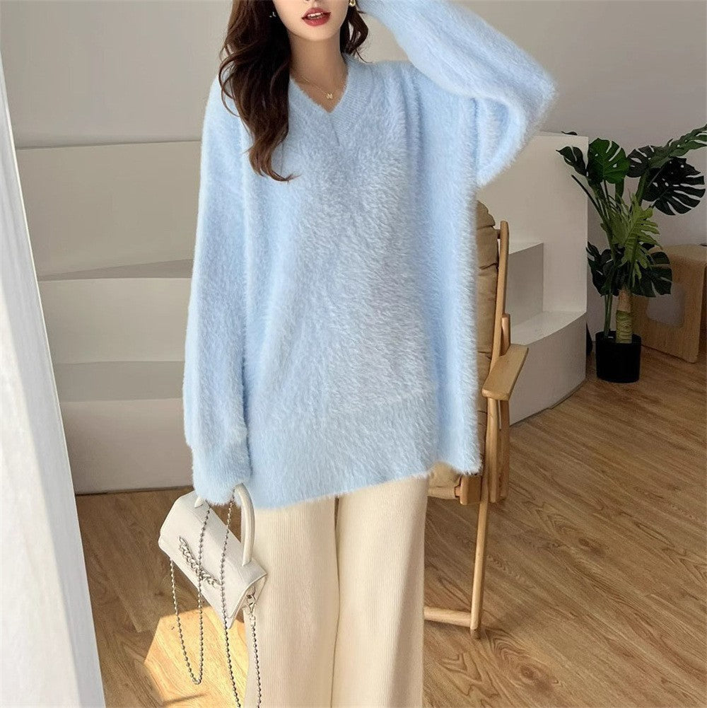 New Gentle Soft Glutinous Sweater Women's V-neck Imitated Mink