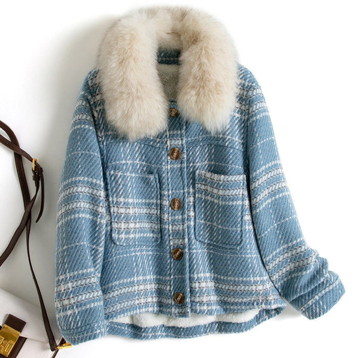 Women's Temperament Tweed And Velvet Thick Plaid Jacket