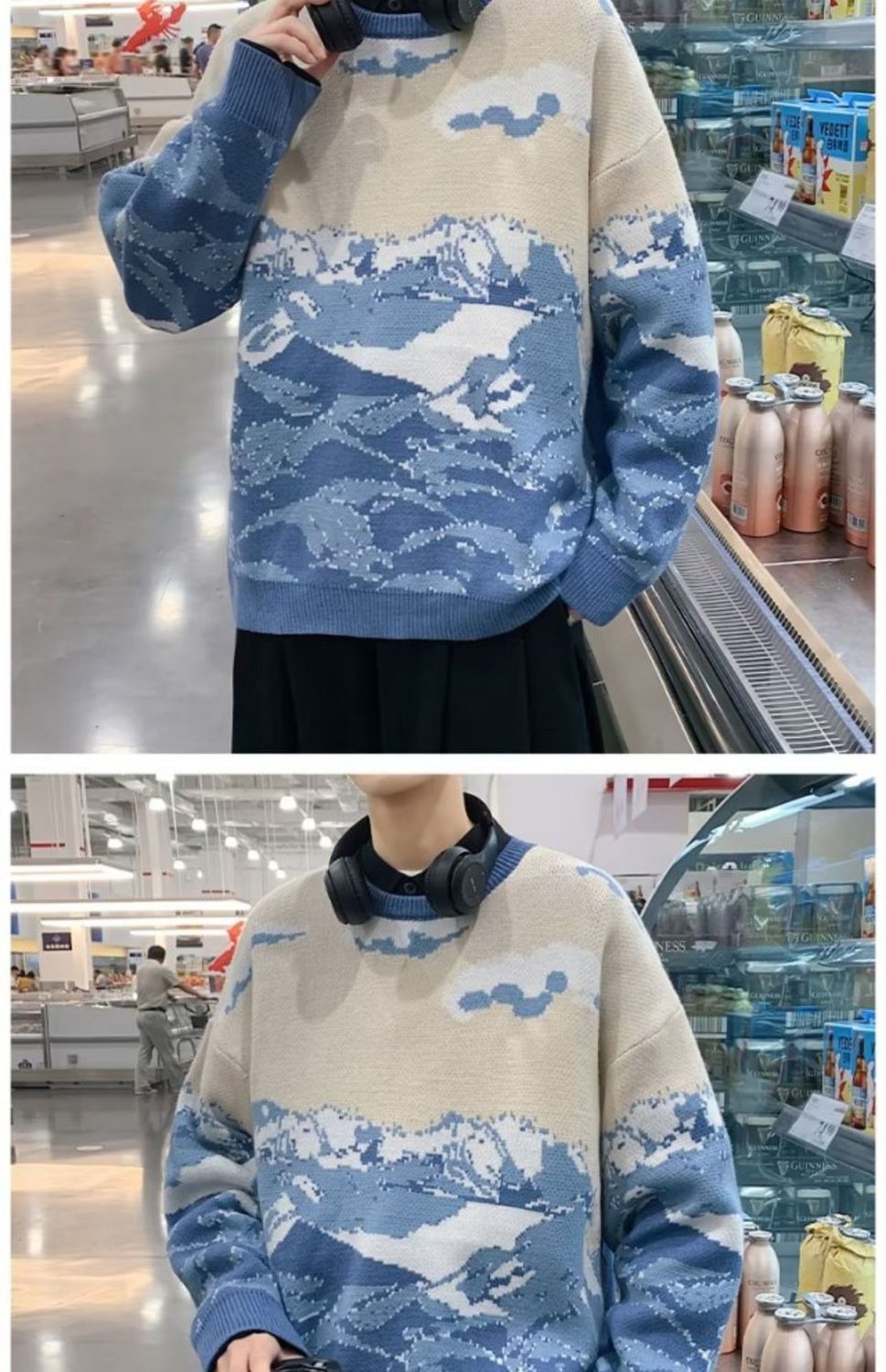 American Fashion Brand Retro Snow Mountain Tie-dye Crew Neck Pullover Sweater