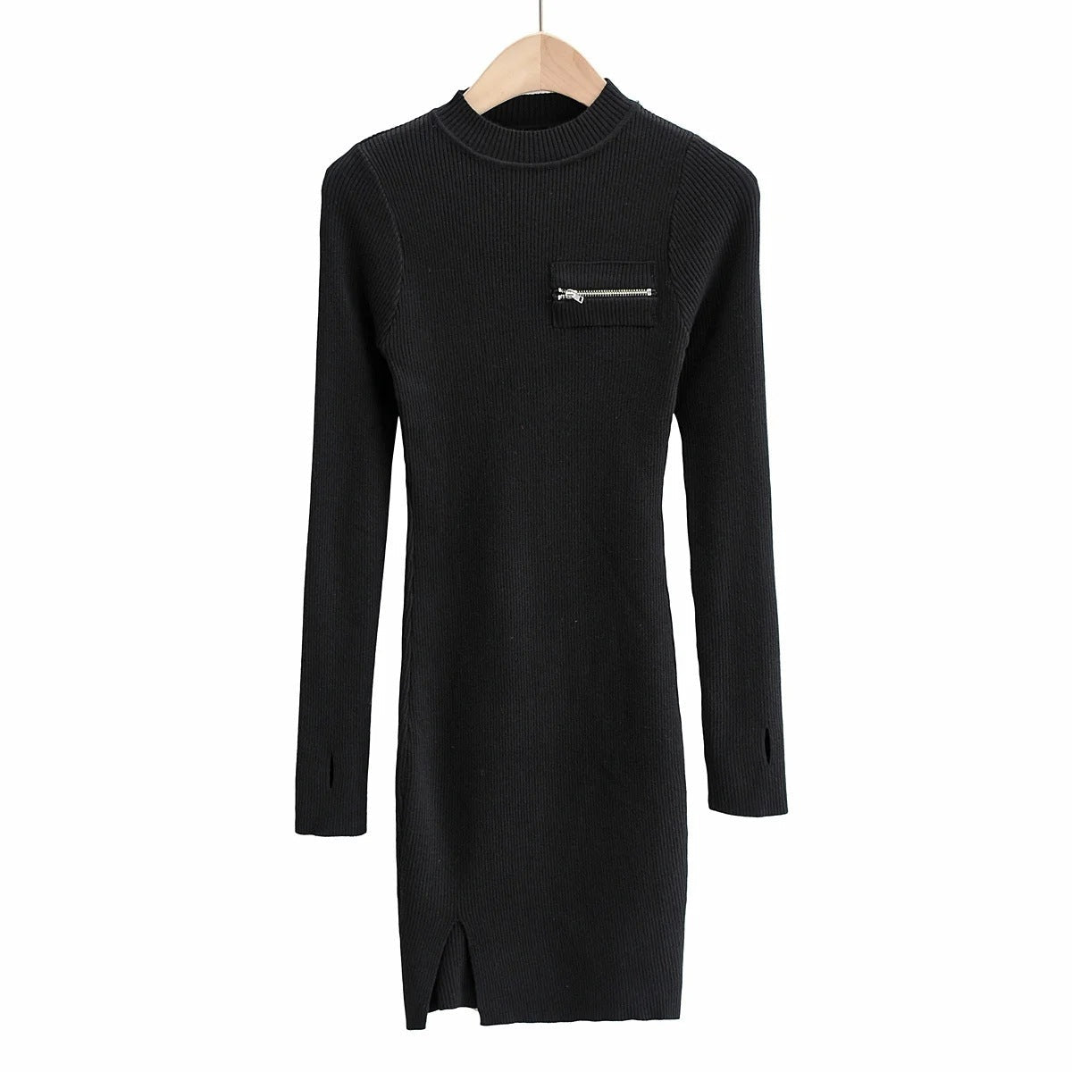 Chest ZipperSide Slit Dress Women's Long Sleeve Hip Skirt
