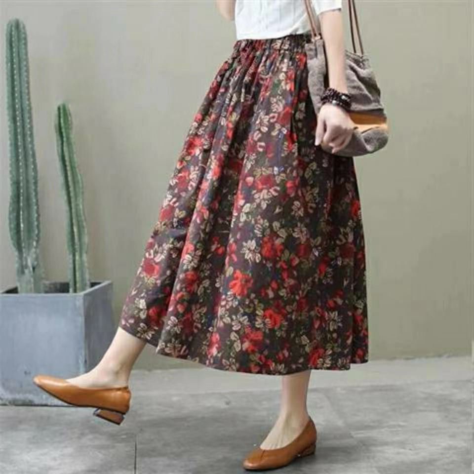 Floral SpringSummer New Mid-length High Waist Slimming A- Line Retro Elastic Midi Dress