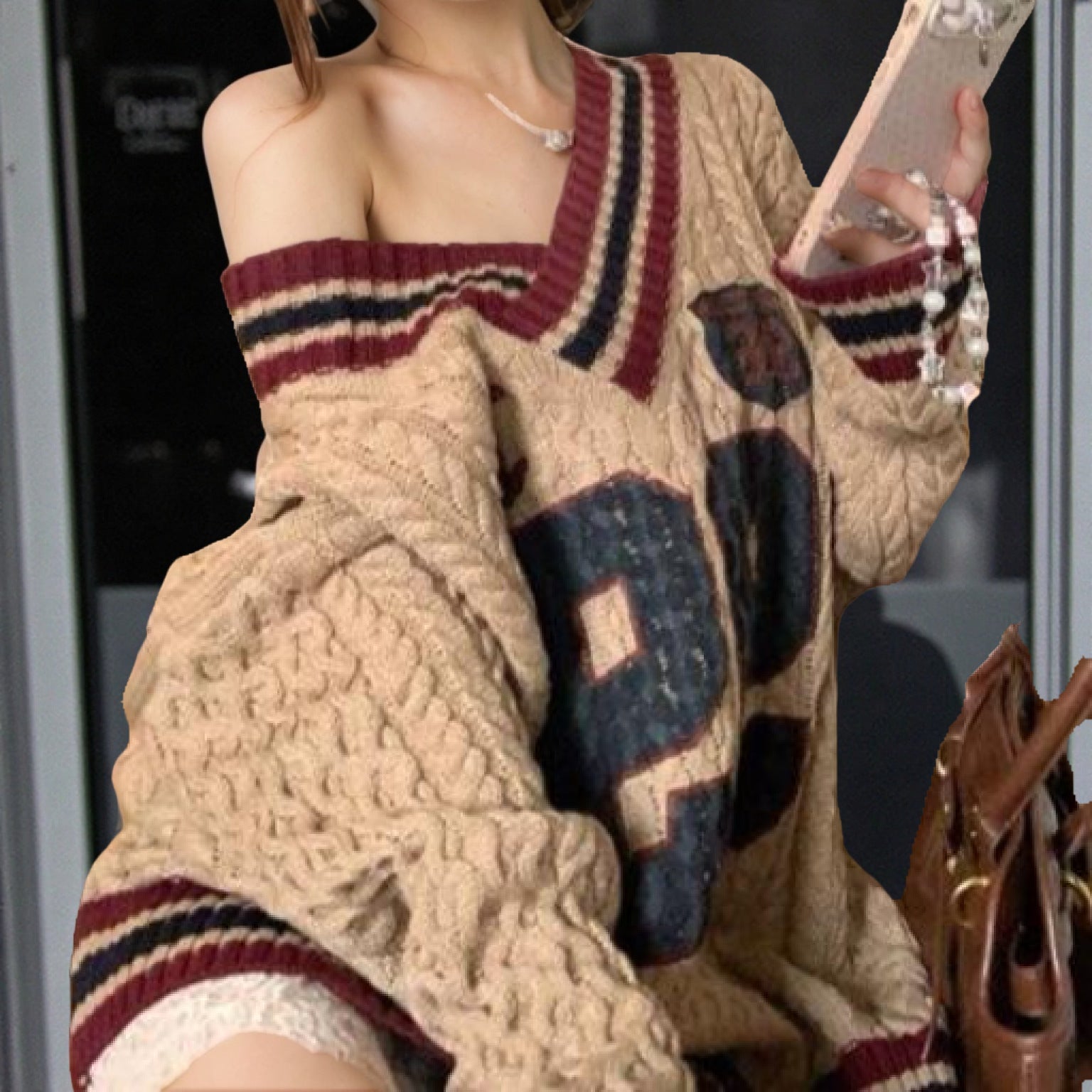 Women's Casual Loose Printed All-matching Lazy Feeling Collar Sweater