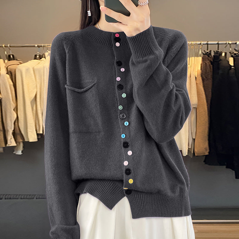 Women's Round Neck Knitted Cardigan With Color Buckle Inner Wear Blouse