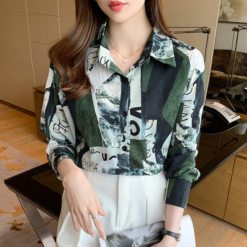 Printed Long-sleeved Shirt Women Loose Design Blouse