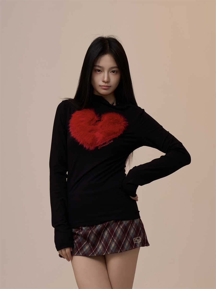 Women's Creative Heart Long-sleeved T-shirt Loose Retro Slim-fit Top