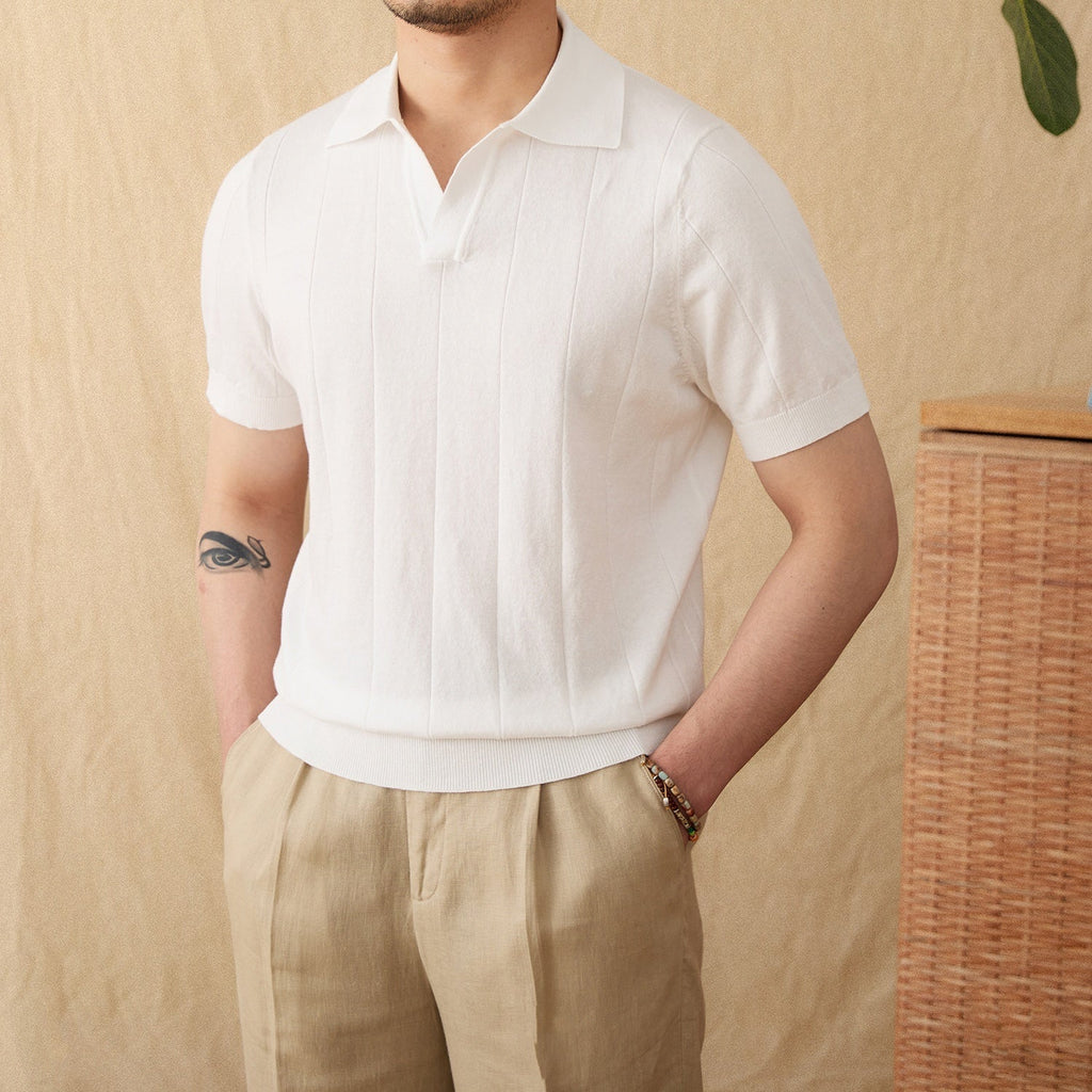 Cotton And Linen Sunken Stripe Knitted Short Sleeve POLO Seagull Collar Top
