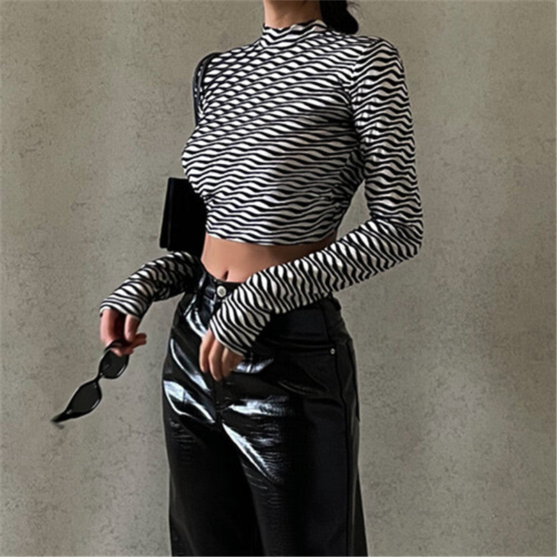 Printed Sexy Back Hollow Lace-up Long-sleeved T-shirt
