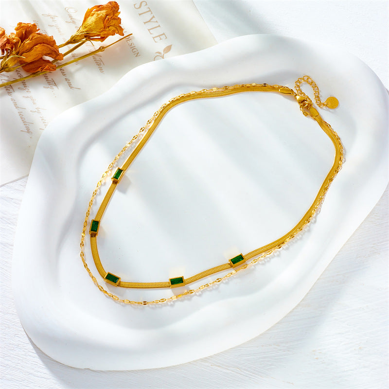 Fashion Retro High Class Elegant Double Layer Twin Blade Clavicle Chain Square Diamond Accessories Necklace