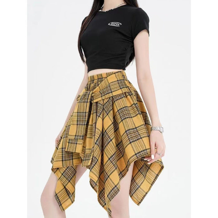 Design Irregular Plaid Women's Neologism Bow Lace Up Casual Sports Skirt
